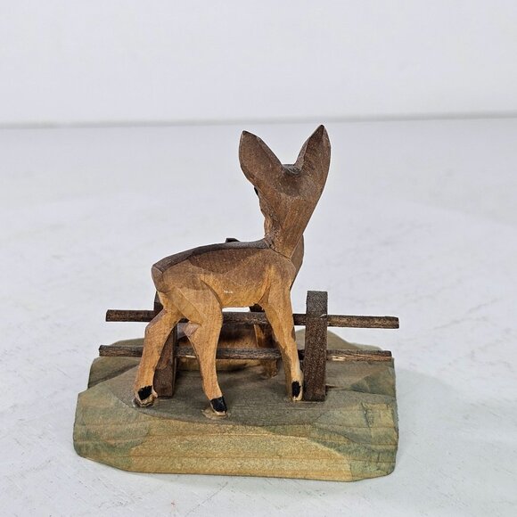 Hand-Carved Wooden Deer Family Sculpture With Rustic Fence On Geometric Base - Picture 4 of 8